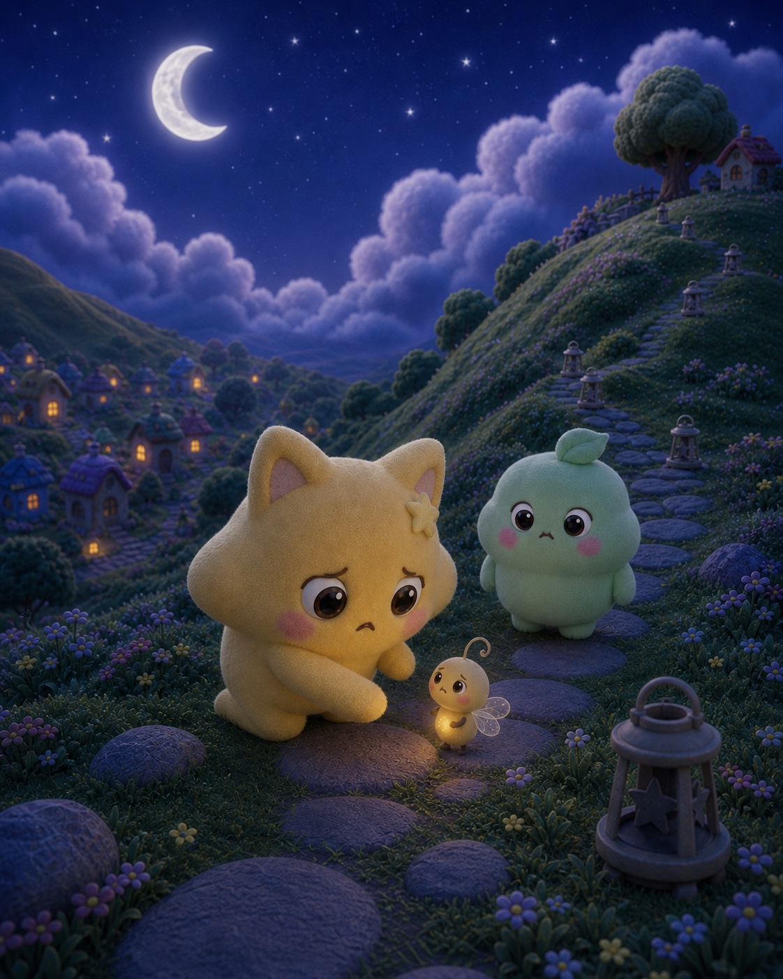 Luma y Momo invitan a una pequeña luciérnaga a caminar con ellos junto al sendero.