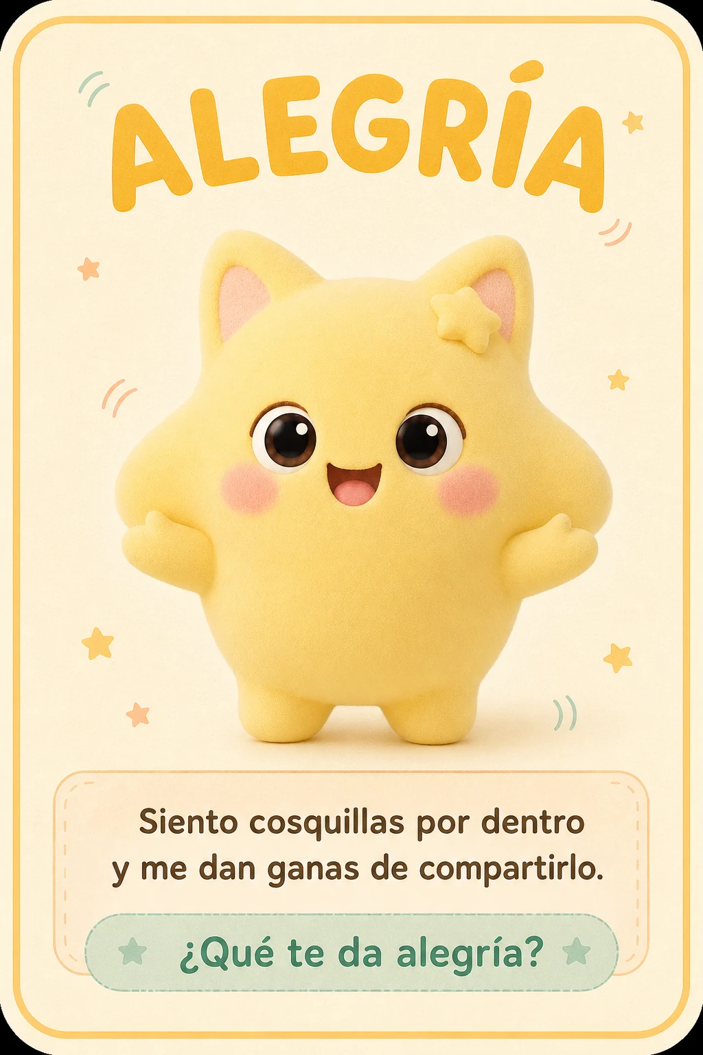 Tarjeta Alegría con Luma. Siento cosquillas por dentro y me dan ganas de compartirlo. ¿Qué te da alegría?