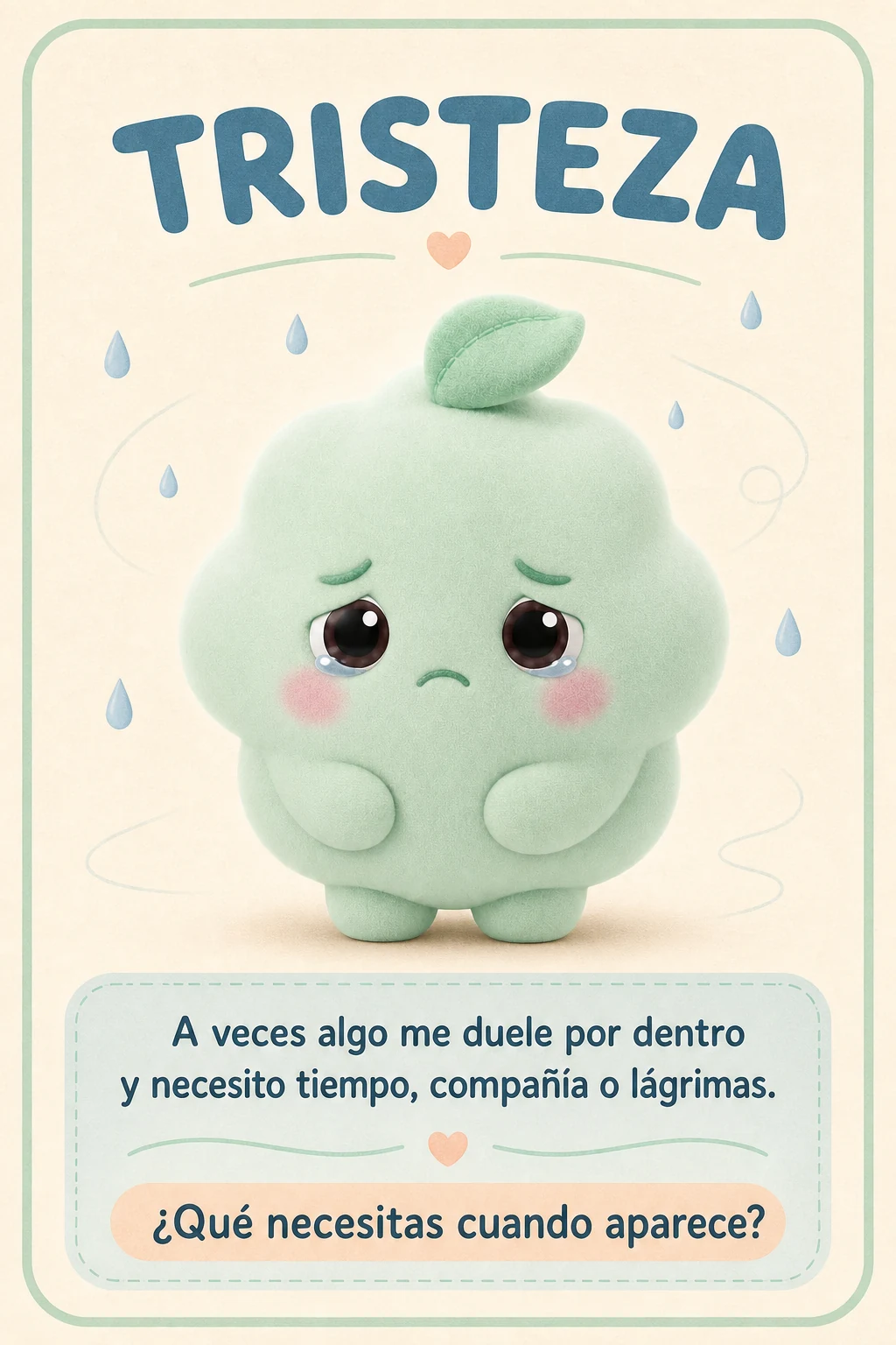 Tarjeta Tristeza con Momo. A veces algo me duele por dentro y necesito tiempo, compañía o lágrimas. ¿Qué necesitas cuando aparece?