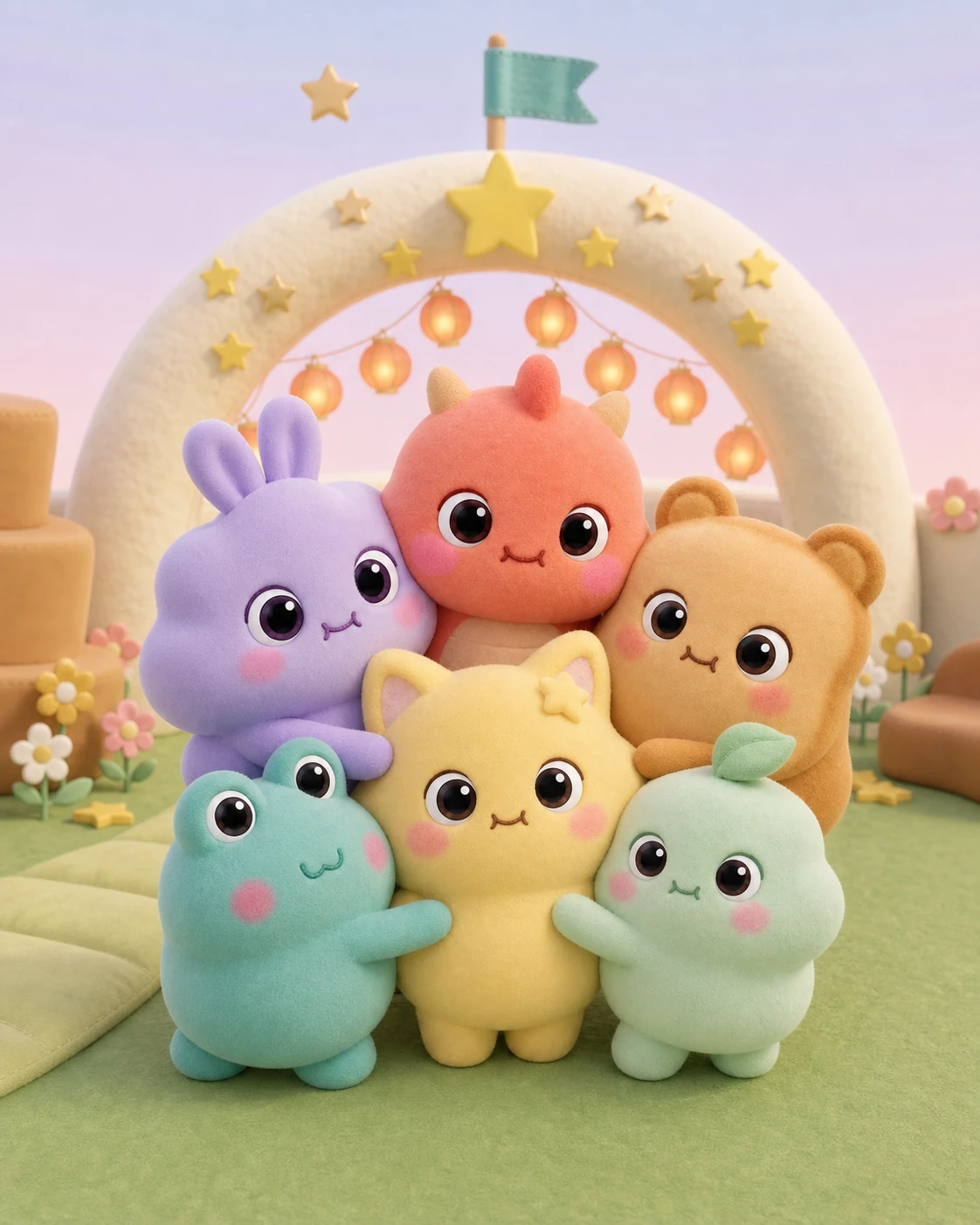 Nubi, Chispa, Miga, Pipo, Luma y Momo se abrazan en el Jardín Blandito